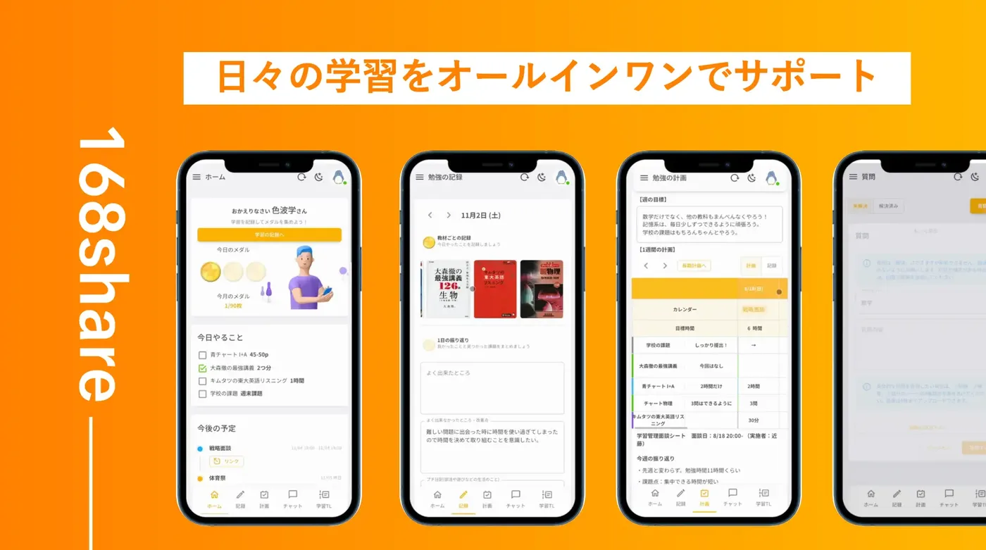自社開発アプリ「168share」の画面イメージ(ホーム・記録・計画・チャット)